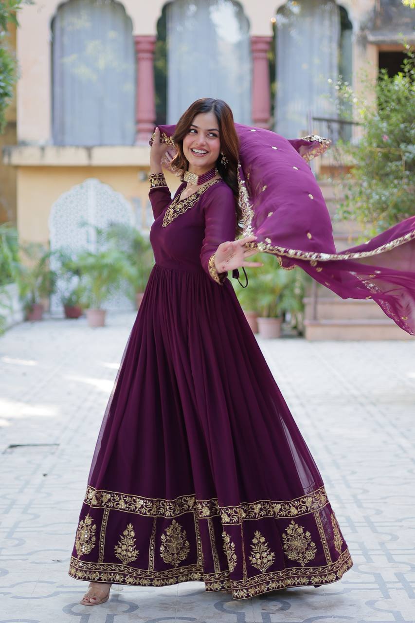 Dark Purple Elegant Faux Blooming Embroidered Gown with Dupatta