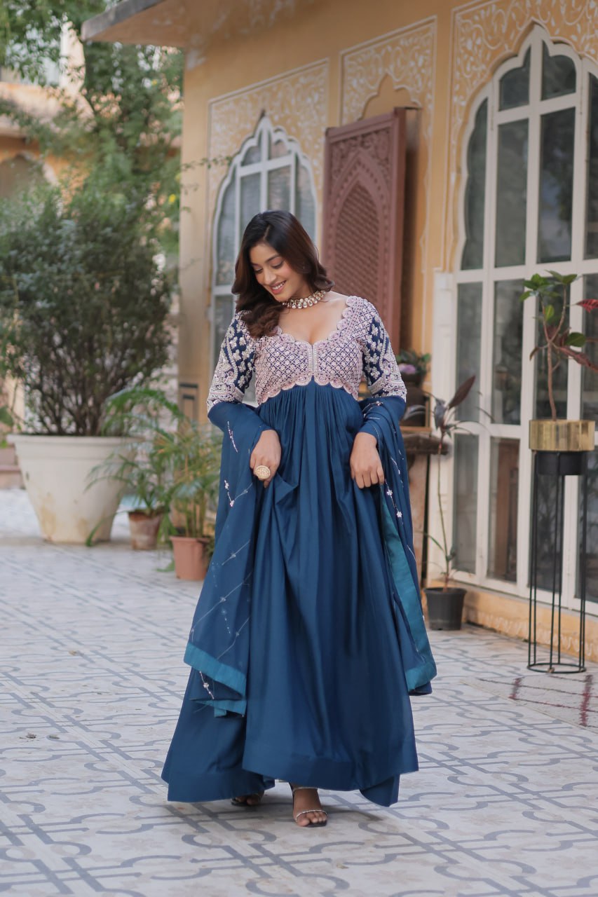 Attractive Blue Sequins Georgette Anarkali Gown With Dupatta