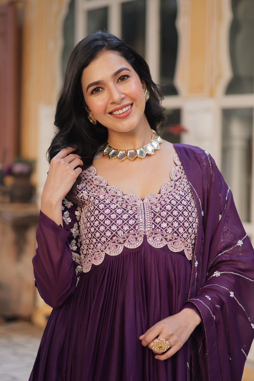 Adorable Wine Sequins Georgette Festival Wear Anarkali Gown