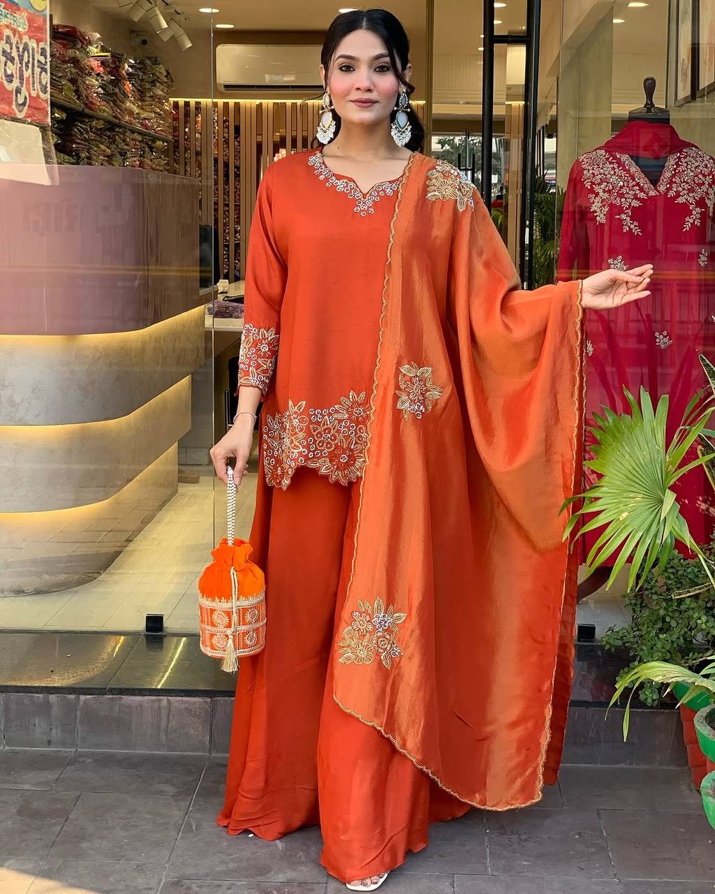 Elegant Orange Heavy Faux Georgette Embroidered Palazzo Suit – Fully Stitched