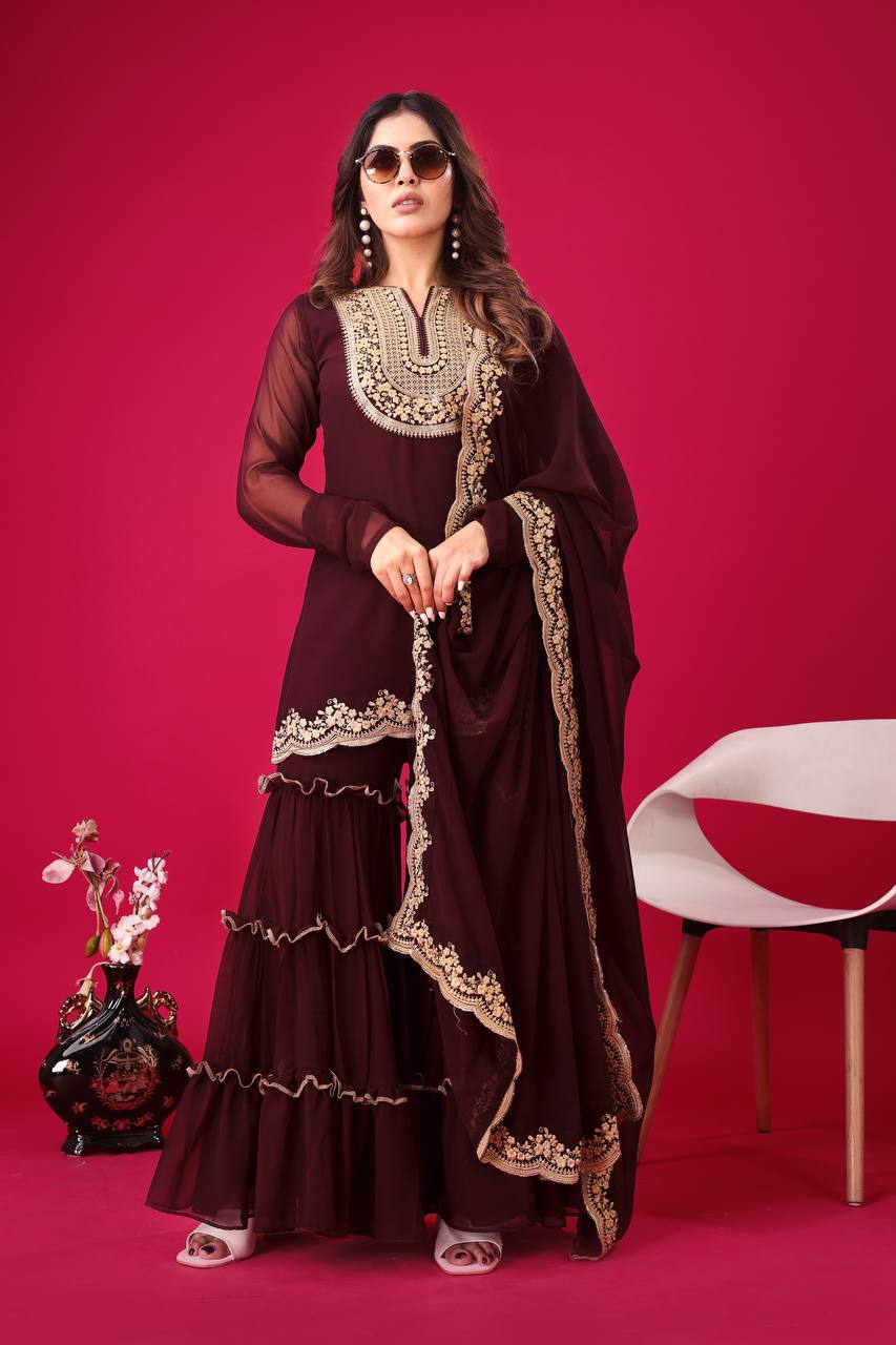 Rich Maroon Blooming Faux Georgette Embroidered Suit with Sequence & Thread Work – Fully Stitched