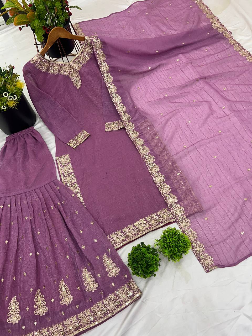 Elegant Lavender Heavy Crunchy Silk Sharara Suit with Embroidery Sequence Work | Fully Stitched Designer Ethnic Wear for Women