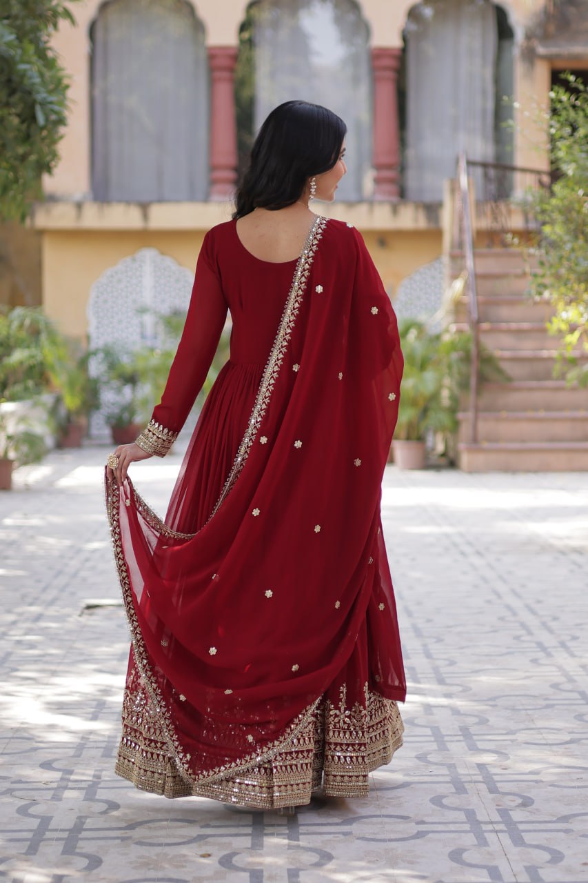 Red Faux Blooming Gown with Zari Sequins Embroidery & Dupatta | Fully Stitched Elegant Ethnic Wear for Weddings & Festive Occasions