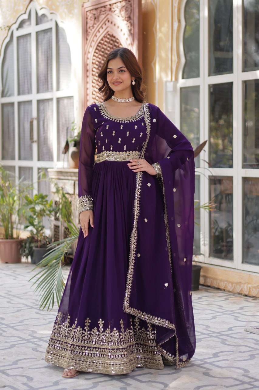 Purple Faux Blooming Gown with Zari Sequins Embroidery & Dupatta | Fully Stitched Elegant Ethnic Wear for Weddings & Festive Occasions