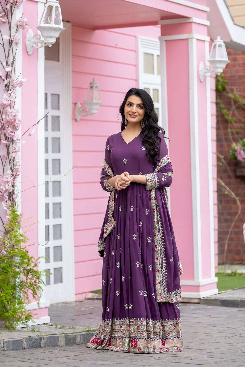 Light Purple Faux Georgette Embroidered Gown with Heavy Sequence Work and Dupatta | Fully Stitched Designer Ethnic Wear