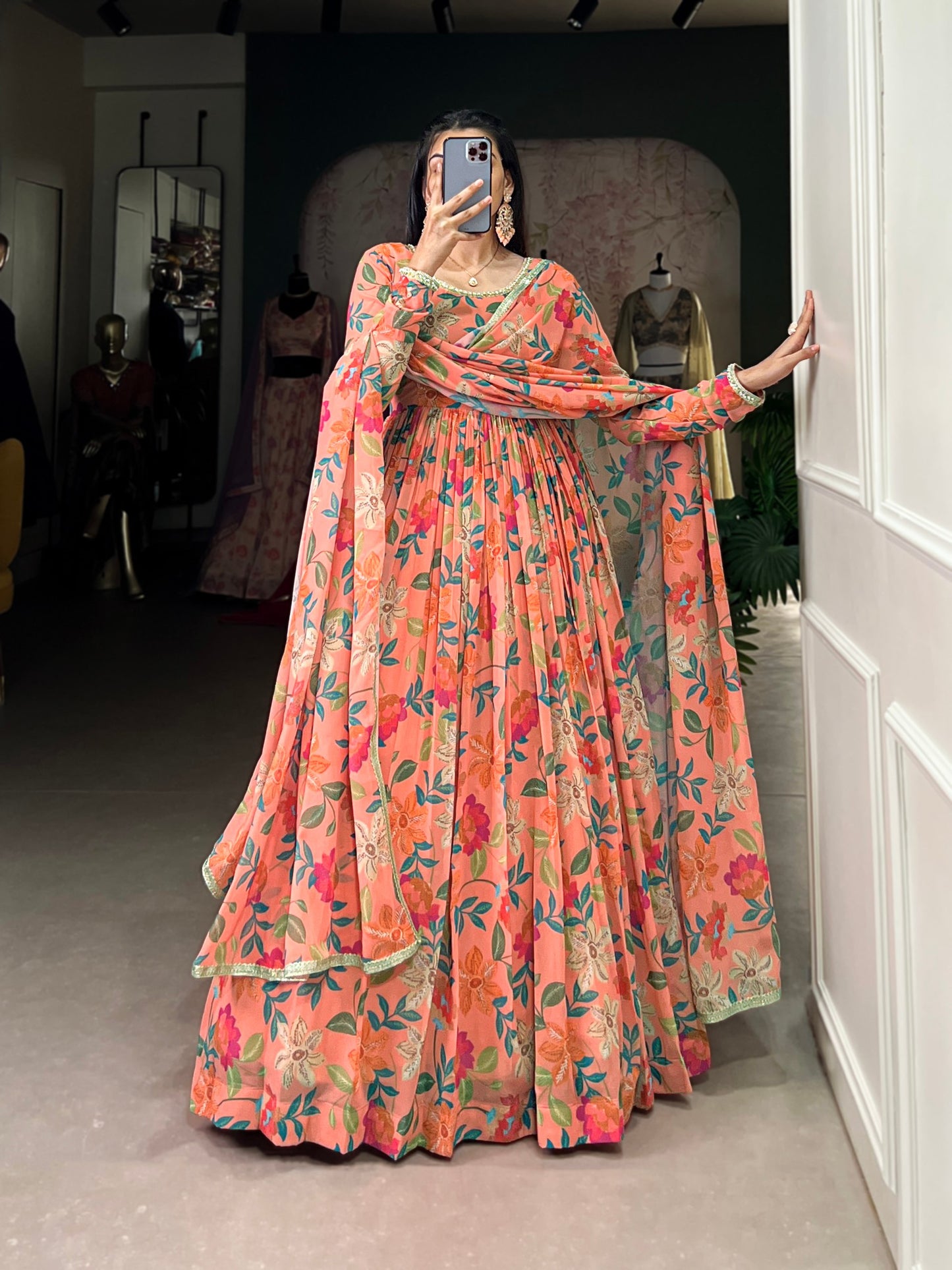 Peach Floral Print Georgette Gown Set | Elegant Festive & Party Wear