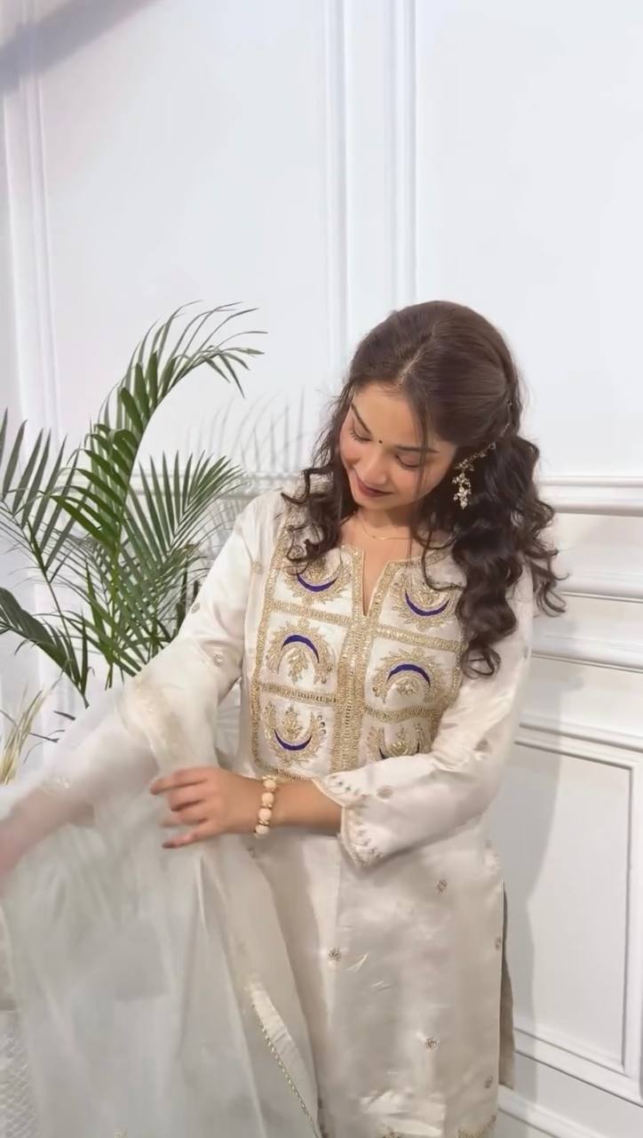 Graceful Off-White Vichitra Silk Suit Set | Festive & Wedding Wear