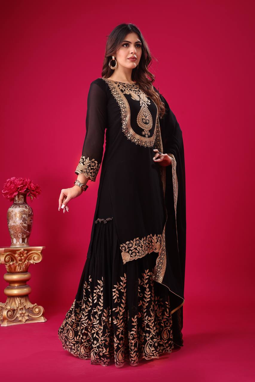 Blooming Faux Georgette Embroidered Black Co-Ord Set with Plazzo and Dupatta – Ready-to-Wear Ethnic Outfit for Women