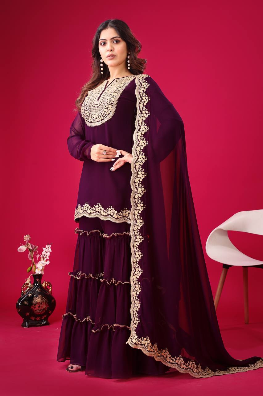 Blooming Faux Georgette Embroidered Co-Ord Set with Plazzo and Dupatta – Ready-to-Wear Indian Outfit for Women