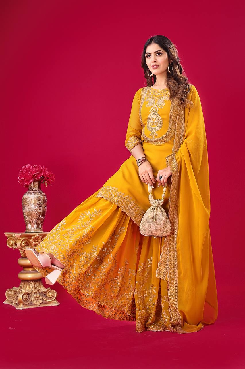Blooming Faux Georgette Embroidered Yellow Co-Ord Set with Plazzo and Dupatta – Ready-to-Wear Ethnic Outfit for Women