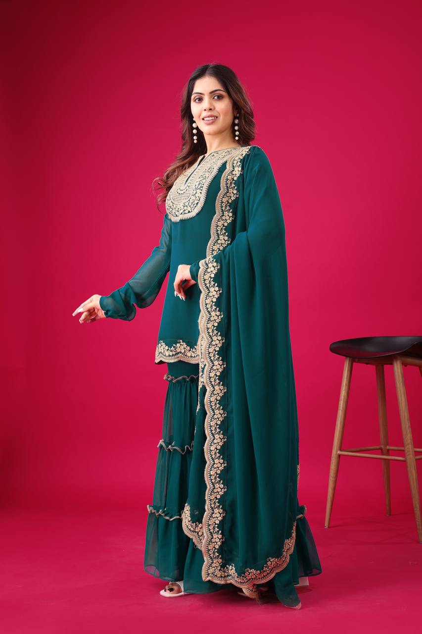 Blooming Faux Georgette Embroidered Co-Ord Set with Plazzo and Dupatta – Fully Stitched Ethnic Outfit for Women