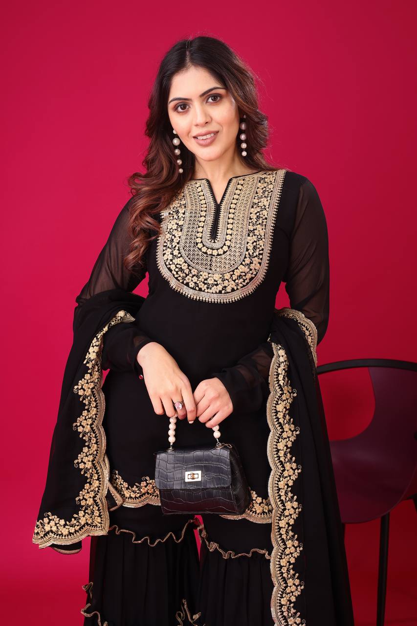 Blooming Faux Georgette Embroidered Co-Ord Set with Plazzo and Dupatta – Fully Stitched Ethnic Outfit for Women