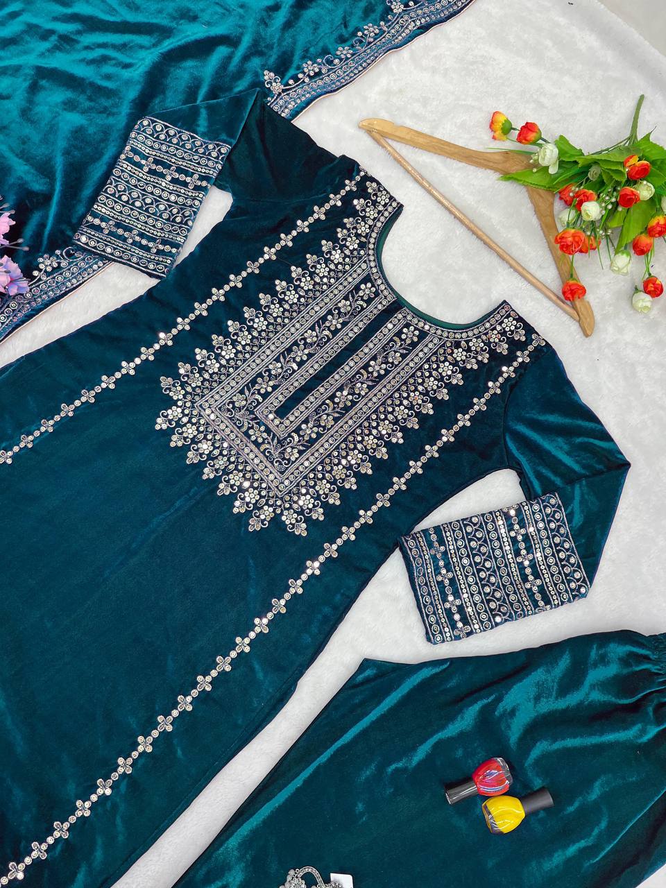 Heavy Viscose Velvet Embroidered Blue Suit Set with Dupatta – Ready-to-Wear Ethnic Outfit for Women