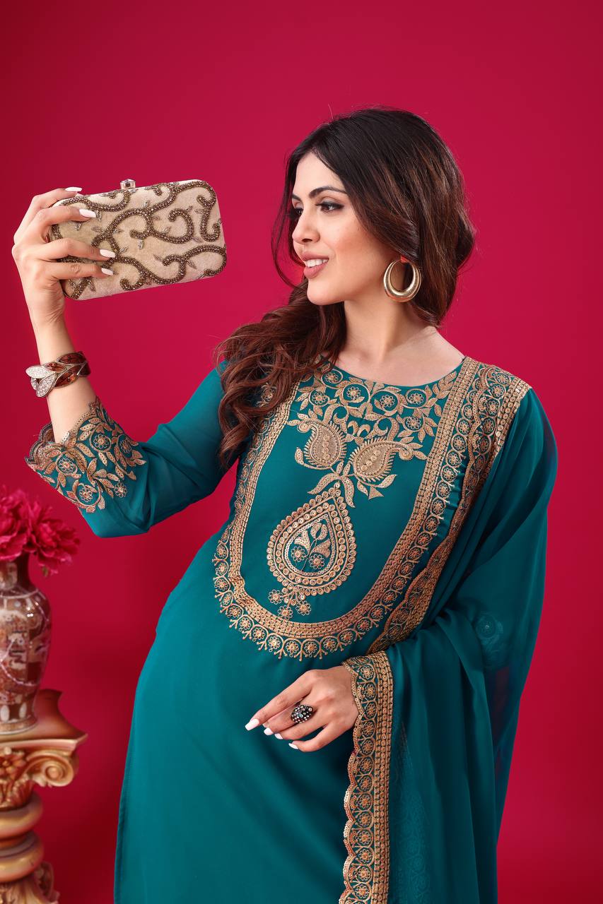 Blooming Faux Georgette Embroidered Bottle Green Co-Ord Set with Plazzo and Dupatta – Ready-to-Wear Ethnic Outfit for Women