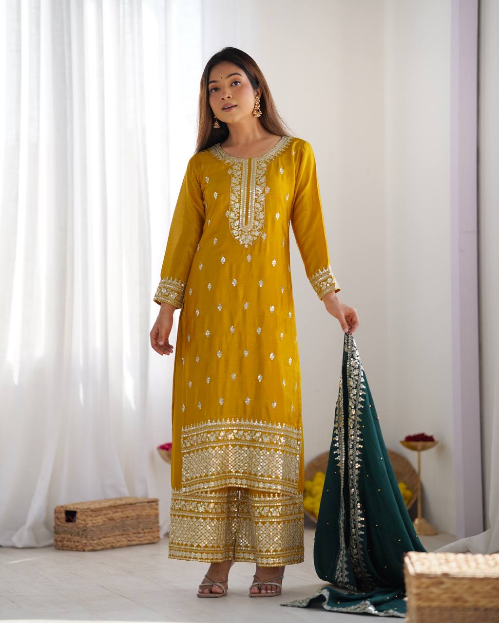 Chinnon Silk Heavy Embroidered Yellow Suit Set with Dupatta – Fully Stitched Ready to Wear