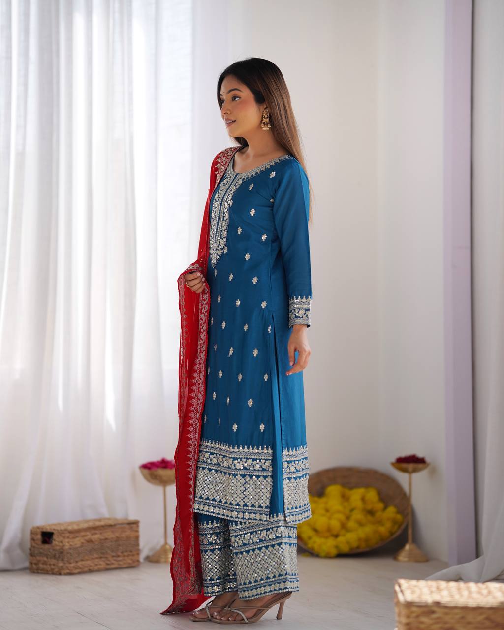 Chinnon Silk Heavy Embroidered Blue Suit Set with Dupatta – Fully Stitched Ready to Wear
