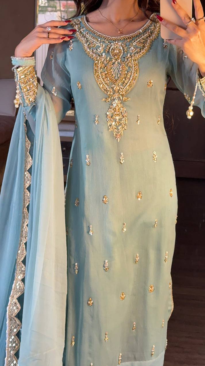 Heavy Faux Georgette Embroidered Suit Set with Plazzo and Dupatta – Fully Stitched Festive Wear for Women