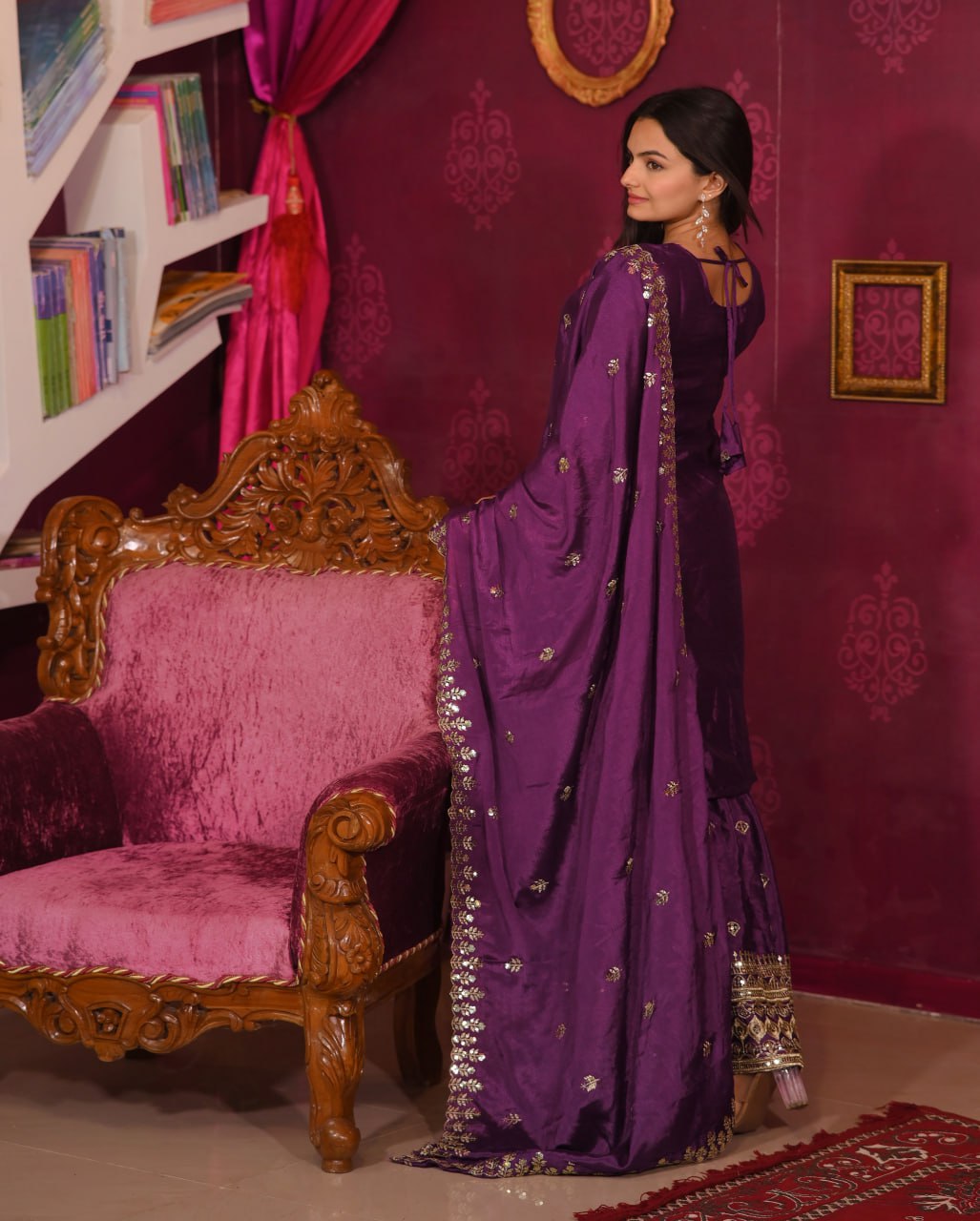 Chinon Embroidered Wine Sharara Suit Set with Dupatta – Fully Stitched Ethnic Wear for Women