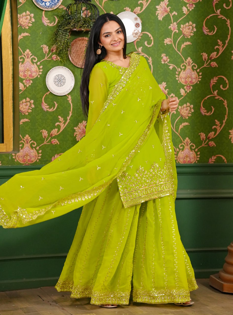 Georgette Embroidered Sharara Suit Set with Dupatta – Fully Stitched Partywear for Women