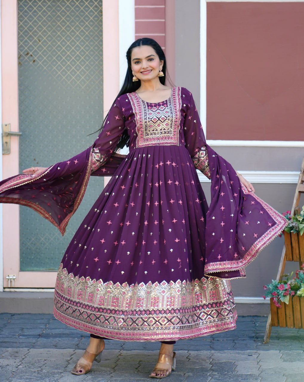 Fox Georgette Embroidered Gown Set with Dupatta – Elegant Fully Stitched Ethnic Wear for Women