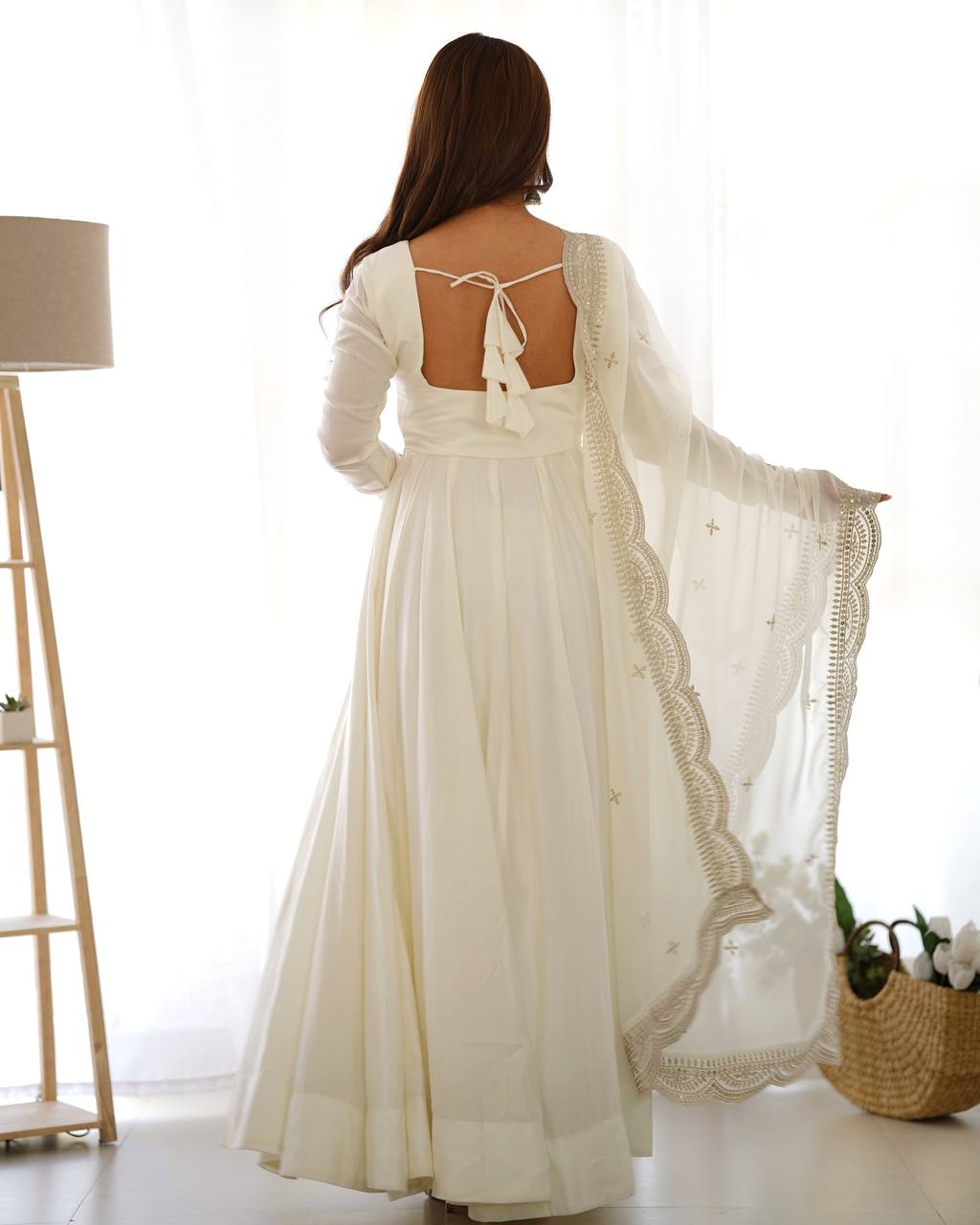 Elegant 16 Kali Romansilk Chanderi White Anarkali Set with Embroidery Dupatta