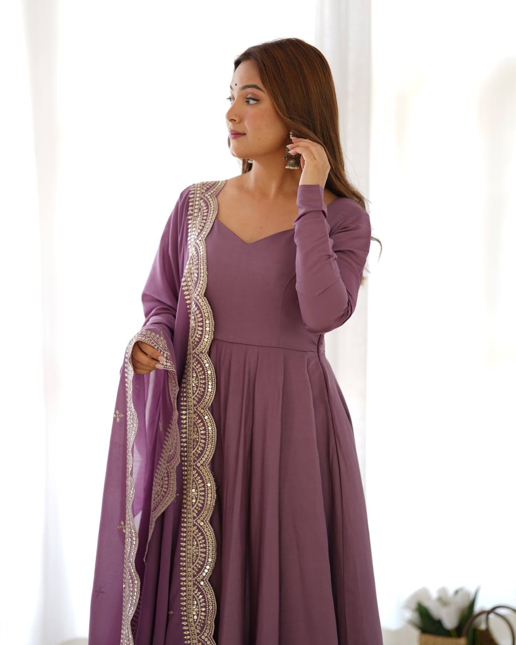 Elegant 16 Kali Romansilk Chanderi Lavender Anarkali Set with Embroidery Dupatta