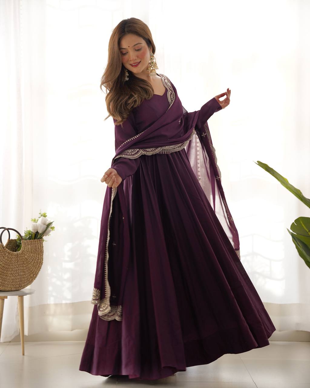 Elegant 16 Kali Romansilk Chanderi Wine Purple Anarkali Set with Embroidery Dupatta