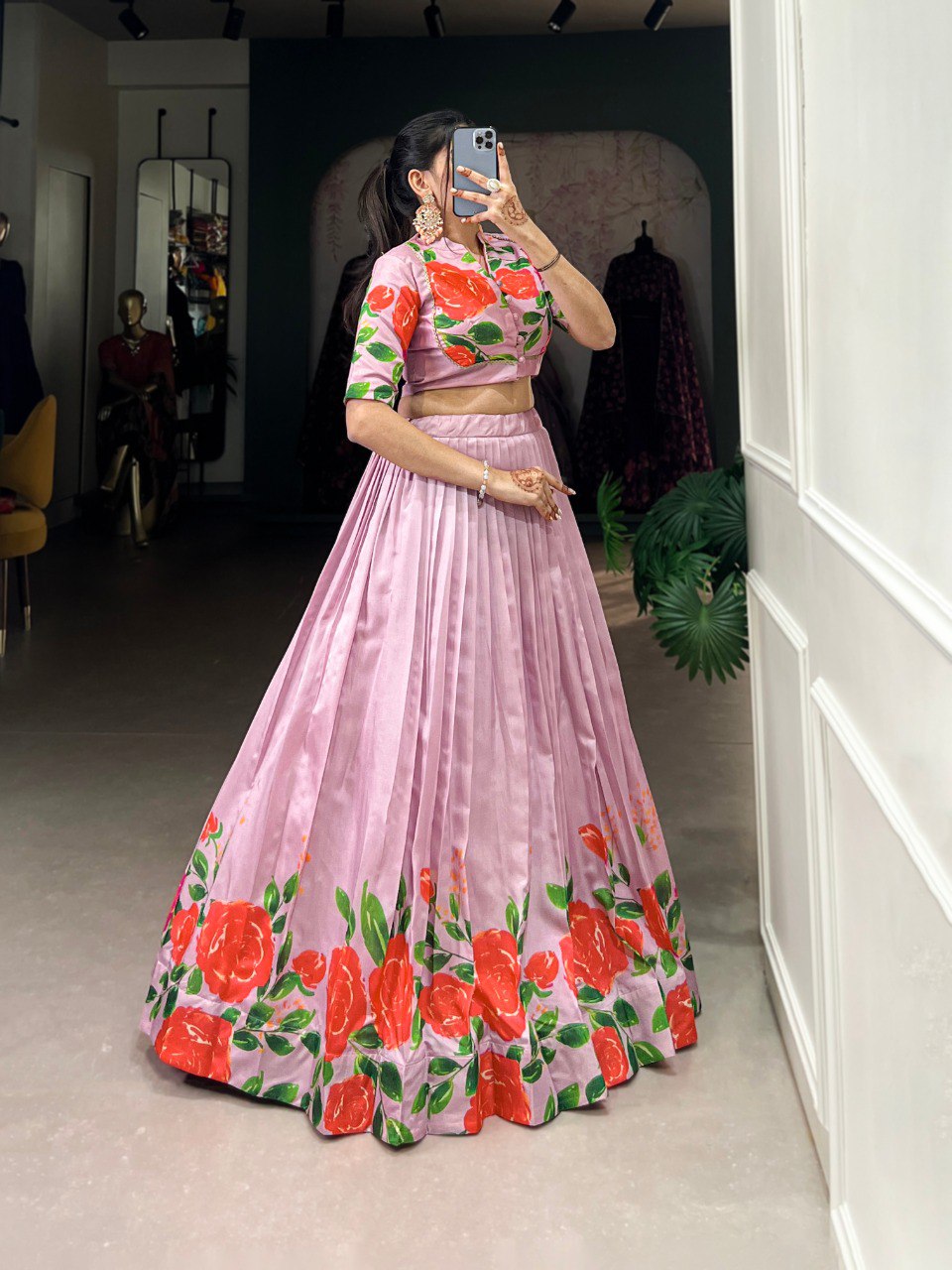 Elegant Tussar Silk Floral Print Pink Lehenga with Lace Touch Blouse