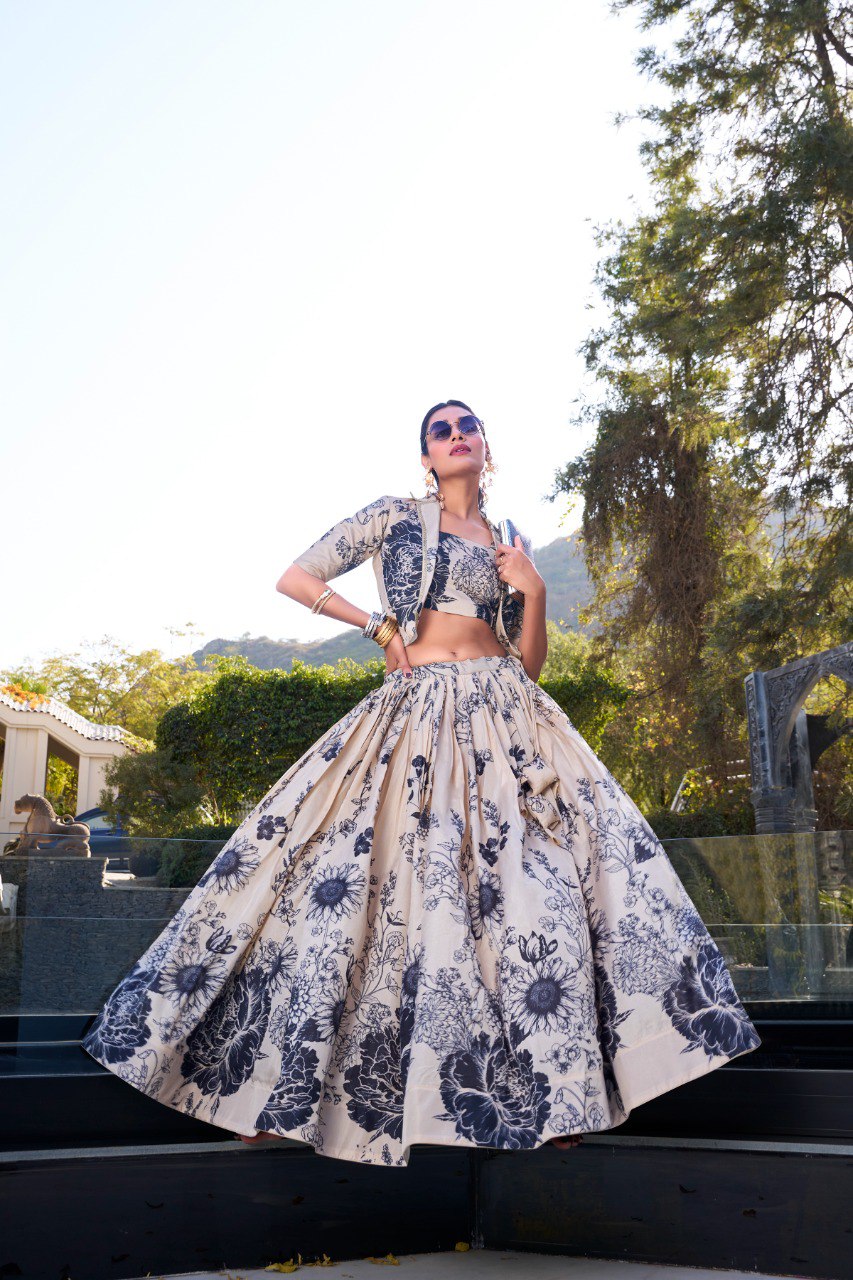 Elegant Tussar Silk Floral Printed Cream Lehenga Set with Blouse and Koti