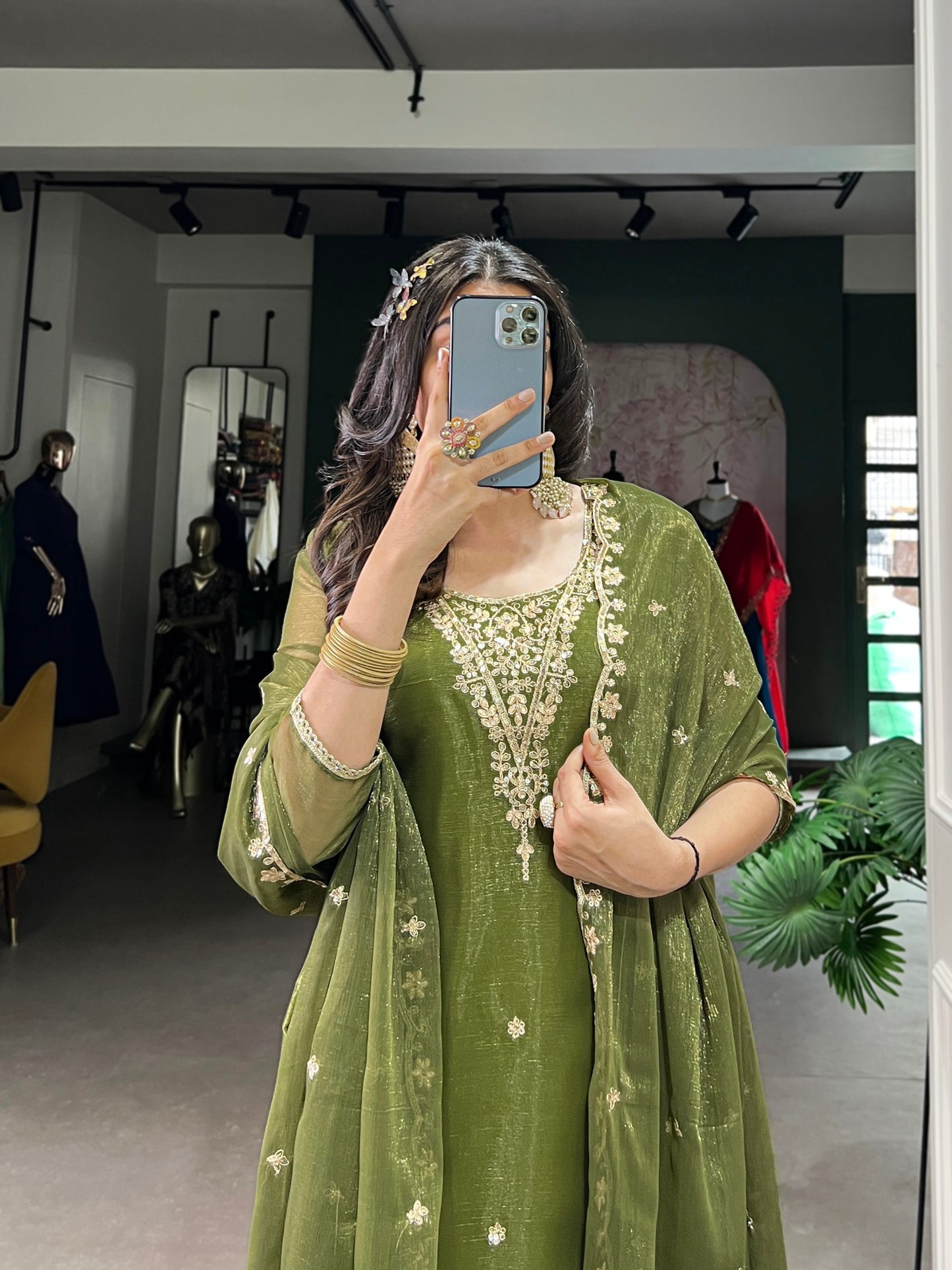 Elegant Gold Coin Fabric Embroidered Green Top and Bottom Set with Dupatta