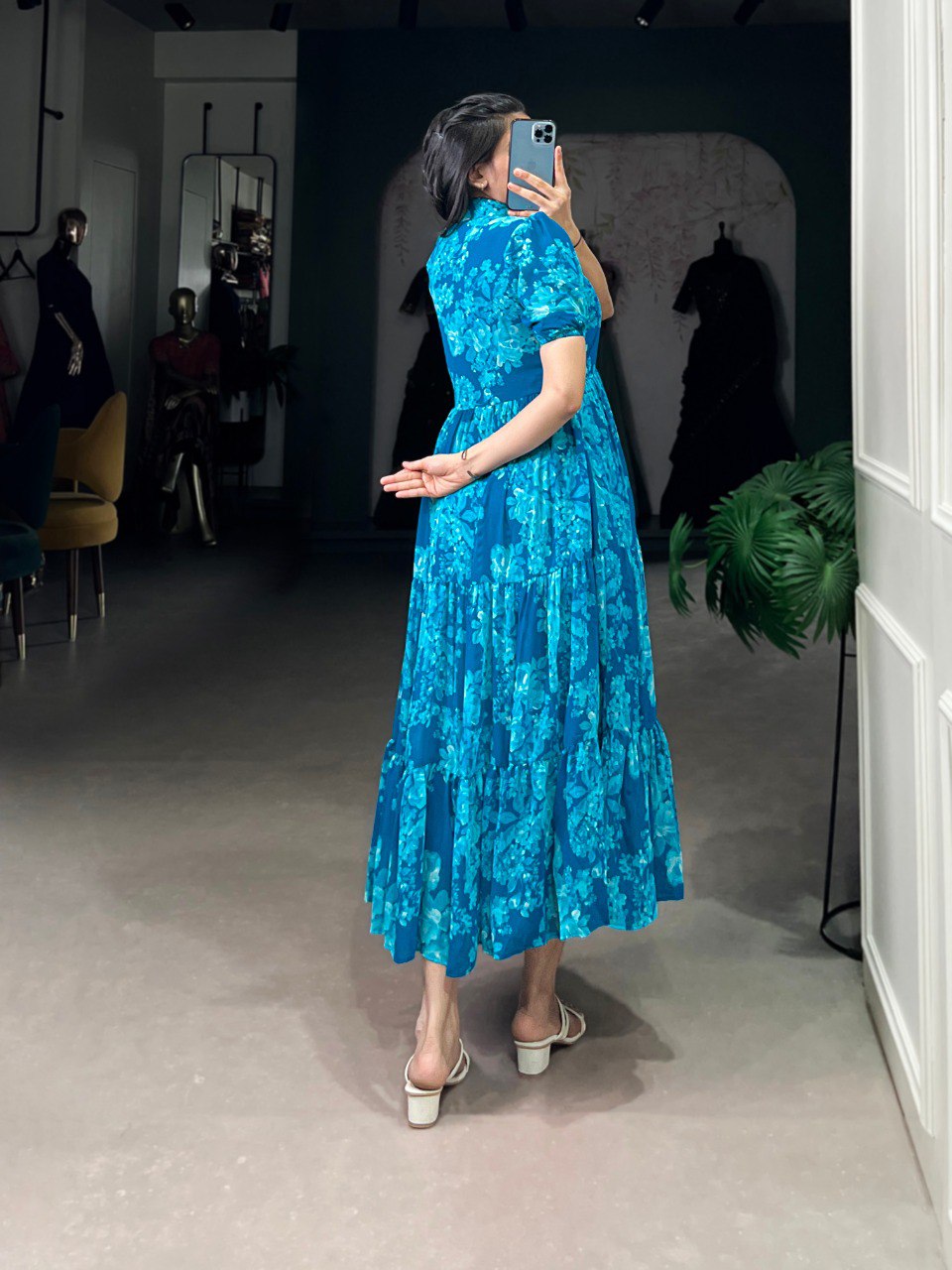 Elegant Floral Print Georgette Blue Frock for Women