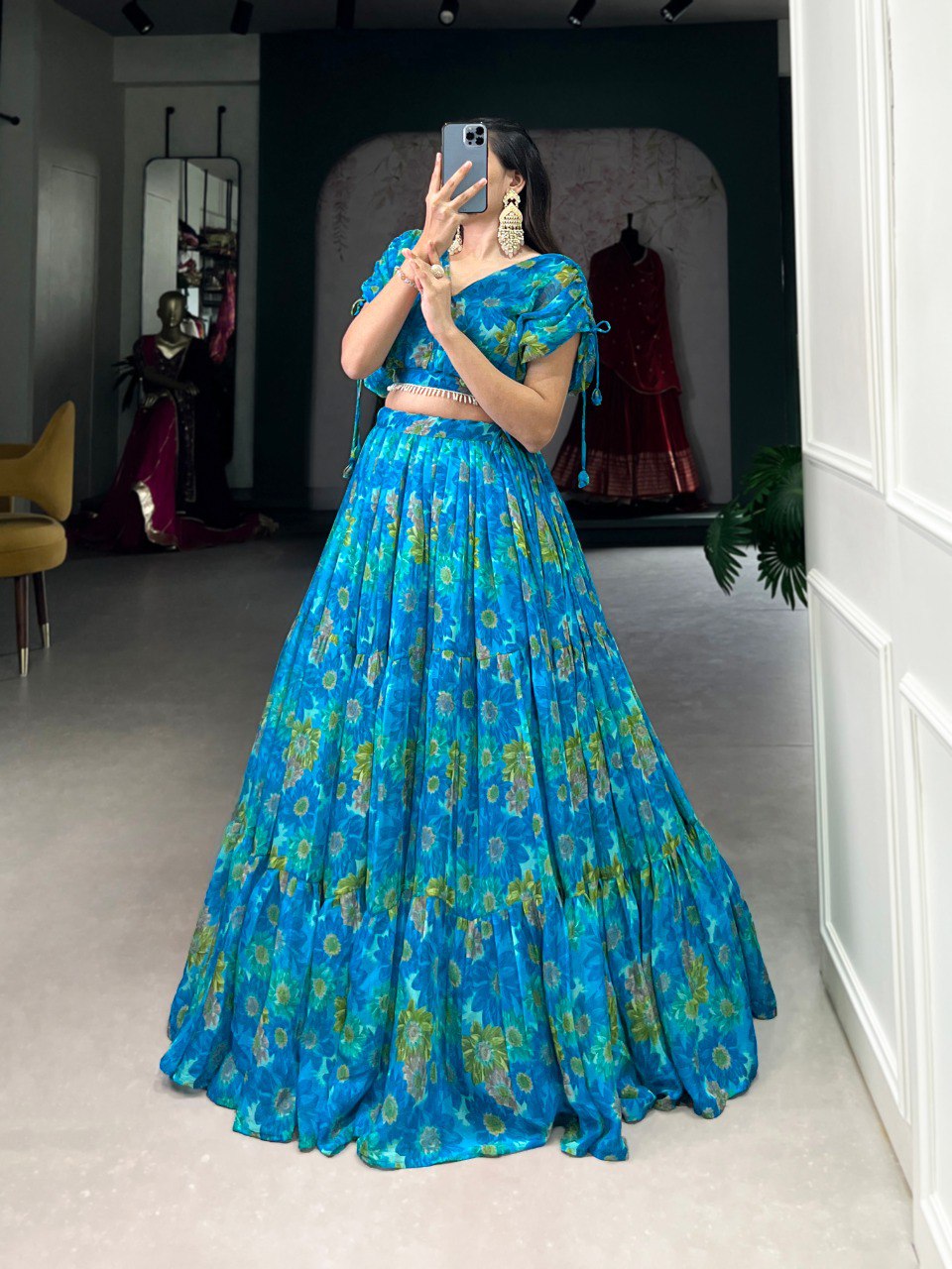 Elegant Floral Print Chiffon Sky Blue Lehenga Set for Women