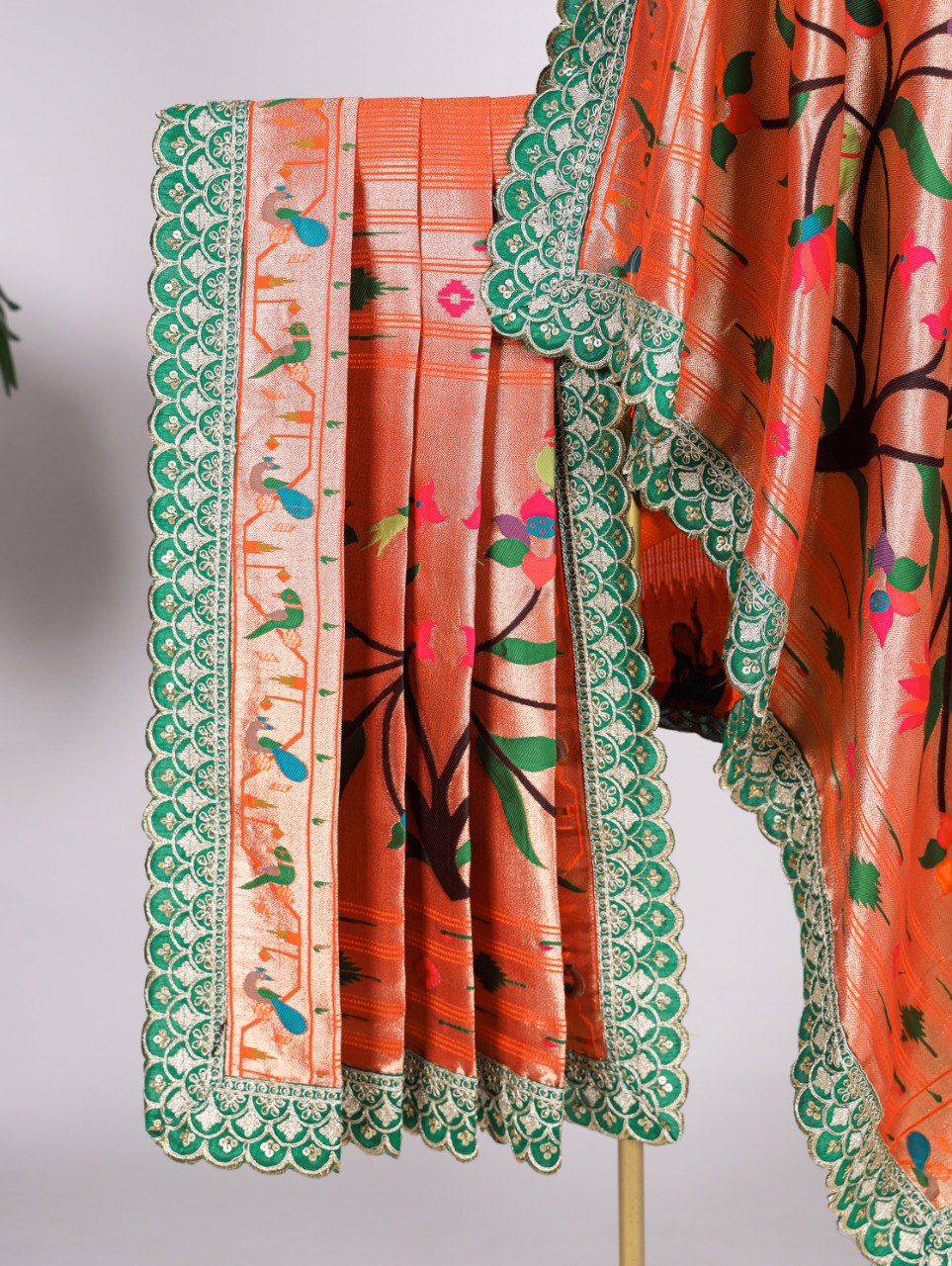 Premium Jacquard Silk Zari Weaving Orange Dupatta with Embroidery Lace Border
