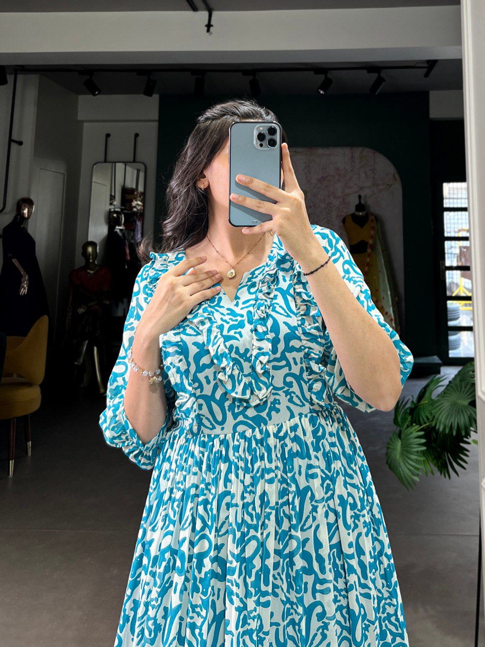 Elegant Georgette Printed Blue Frock with Full Flair and Lining