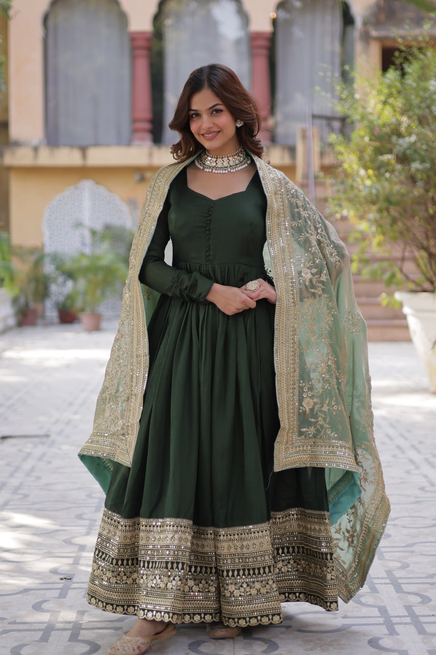 Elegant Shimmer Vichitra Silk Gown with Sequins Embroidery and Fendi Dupatta Set