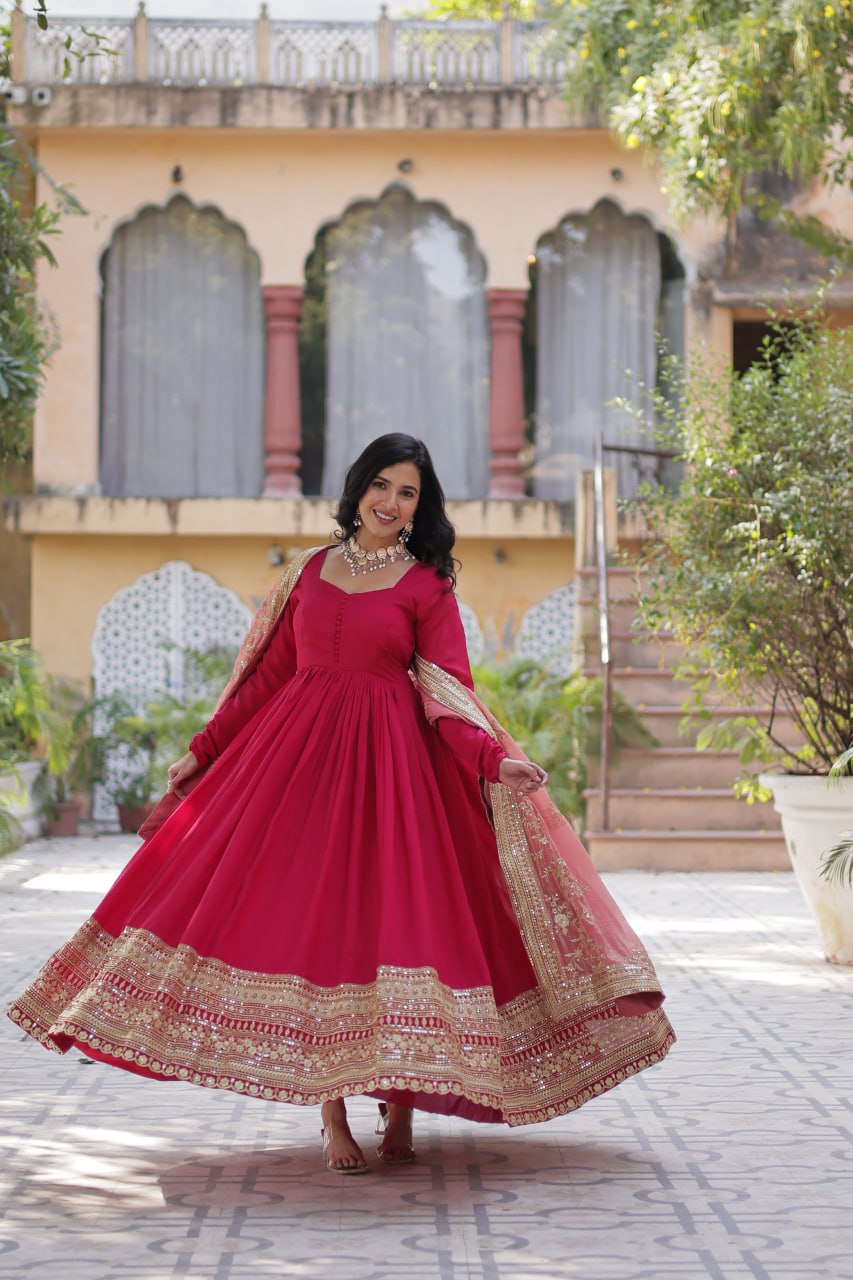 Elegant Shimmer Vichitra Silk Pink Gown with Sequins Embroidery and Fendi Dupatta Set