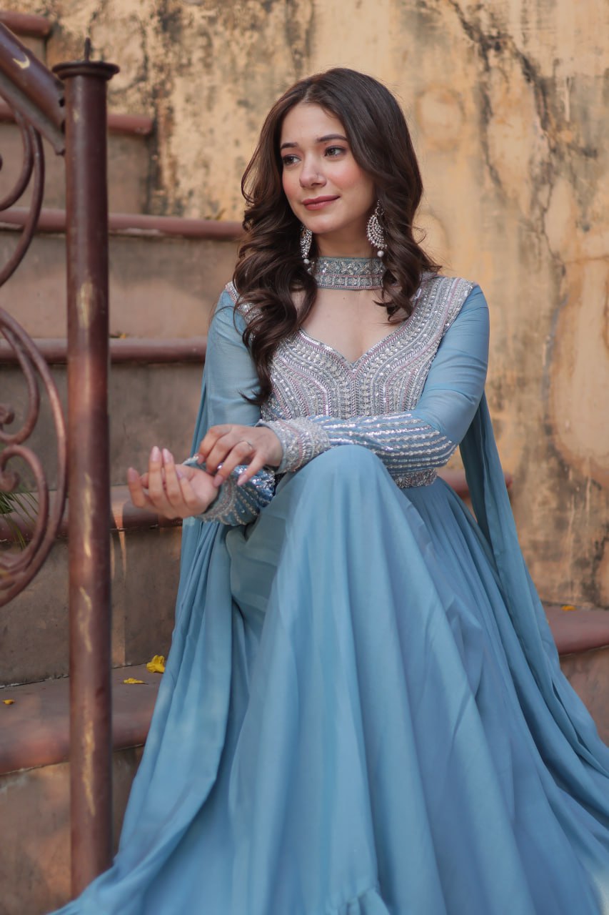 Star Georgette Embroidered Beads Sequins Work Blue Gown with Dupatta Set