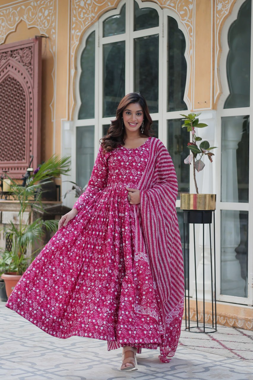 Pure Rani Pink Cotton Long Kurta Set with Elastic Bottom and Dupatta