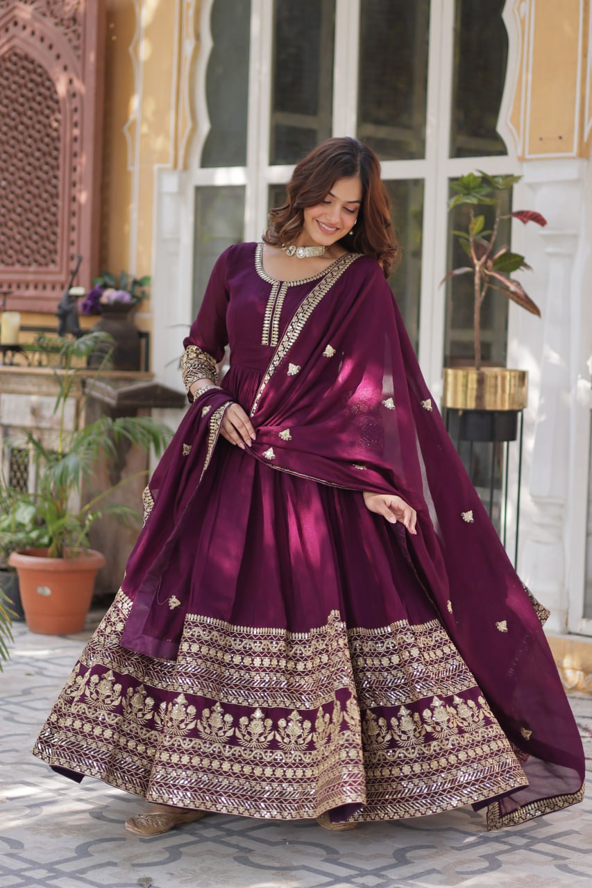 Shimmer Vichitra Gown with Sequins Embroidery and Designer Dupatta