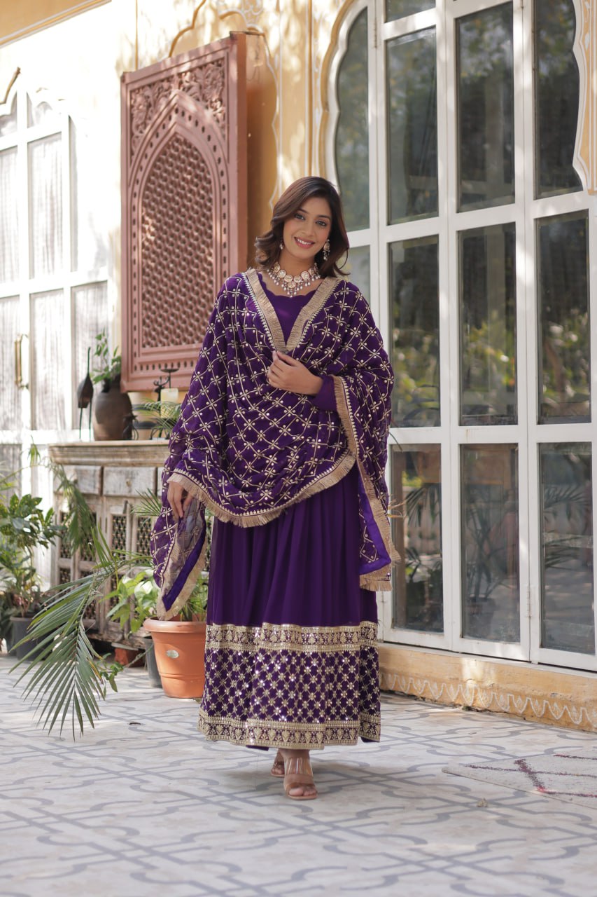 Faux Blooming Purple Gown with Zari Sequins Embroidery and Designer Dupatta