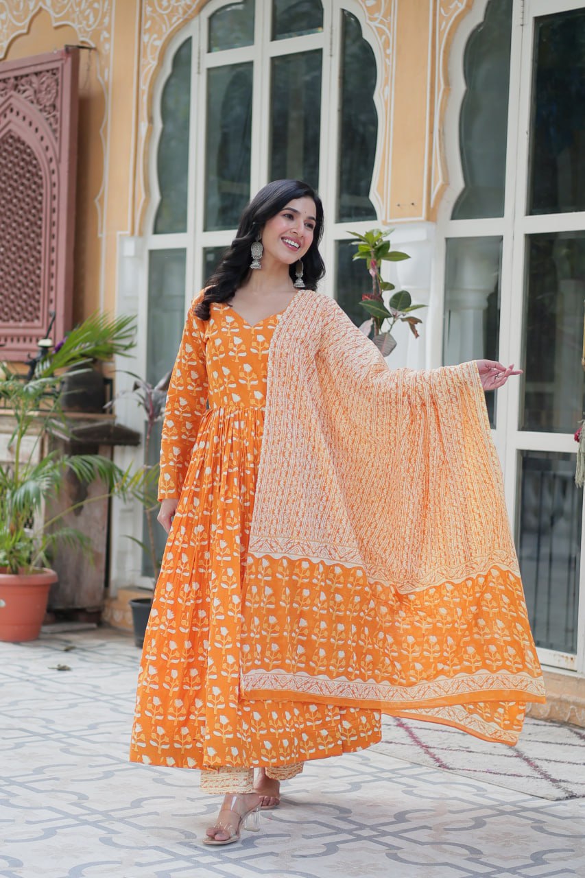Pure Cotton Yellow Kurta Set with Fancy V Neck and Dupatta