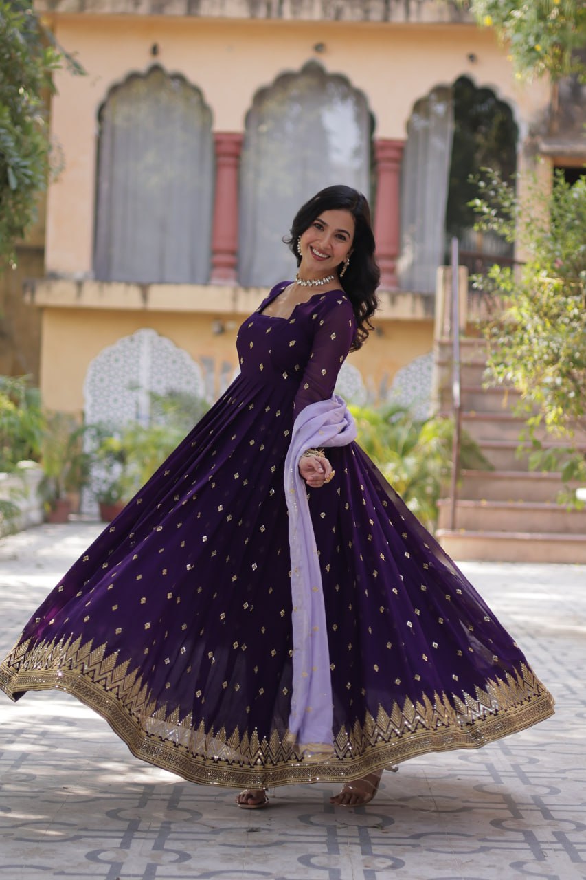 Luxury Faux Blooming Embroidered Zari Sequins Gown with Tabby Silk Cutwork Dupatta