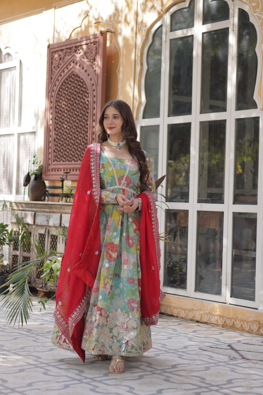Digital Printed Russian Silk Top with Foil Embroidery Zari Sequins Work and Designer Lace Border Dupatta