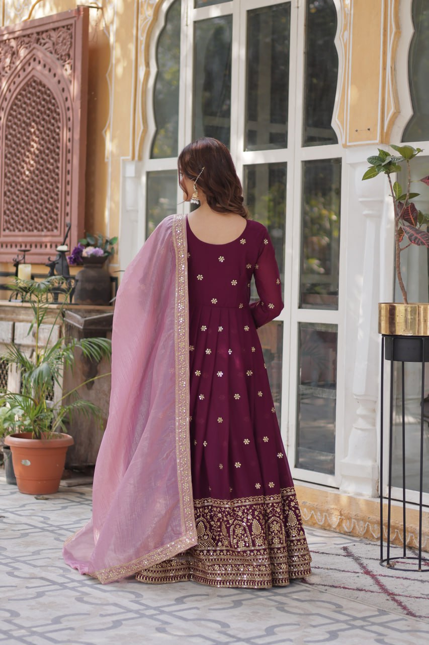 Elegant Star Georgette Purple Gown with Zari Sequins Embroidery and Gold Crush Dupatta