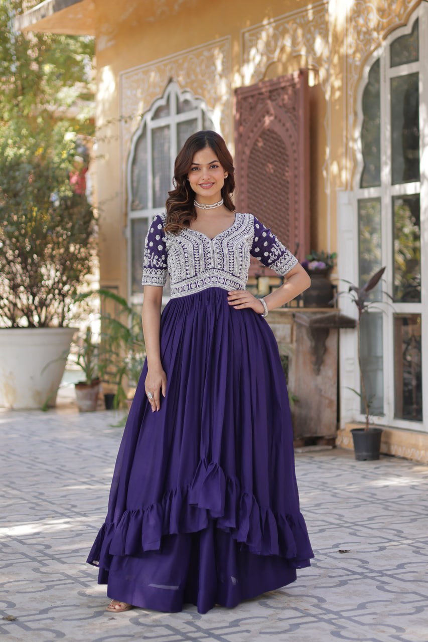 Designer Star Georgette Purple Kurti with Lehenga Set Embellished with Beads and Sequins Work