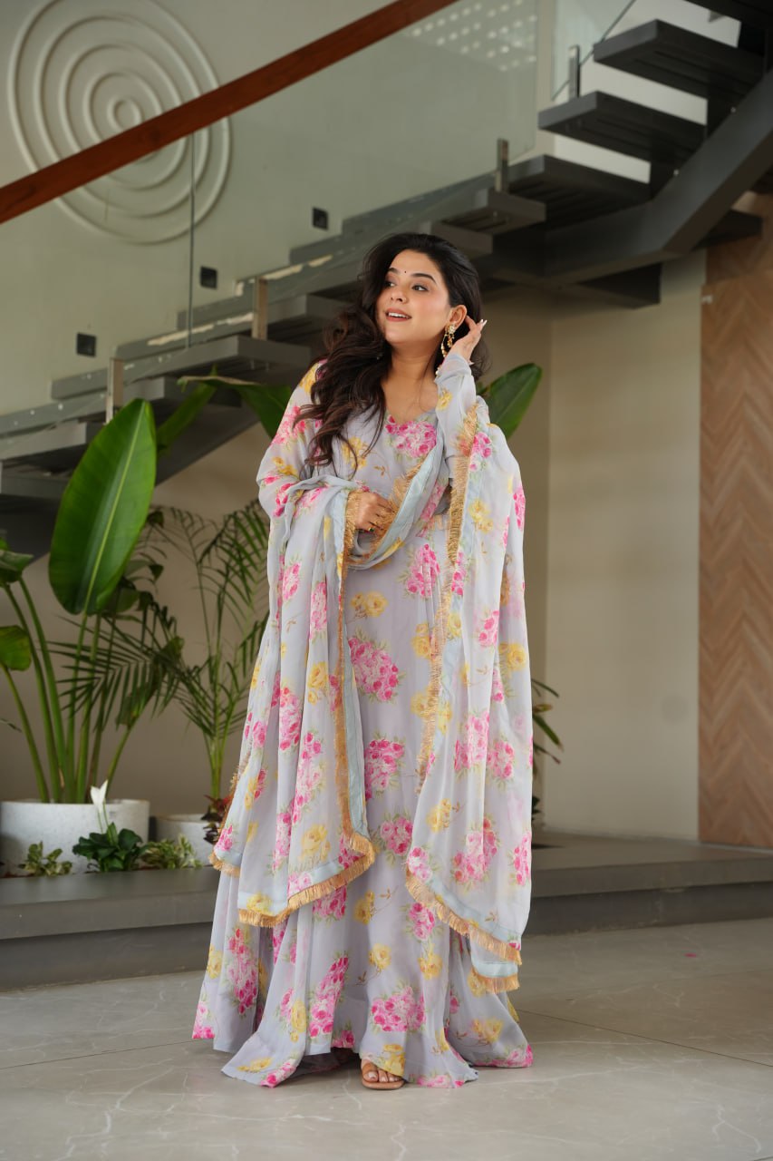 Elegant Faux Georgette Floral Digital Print Gown with Dupatta Set