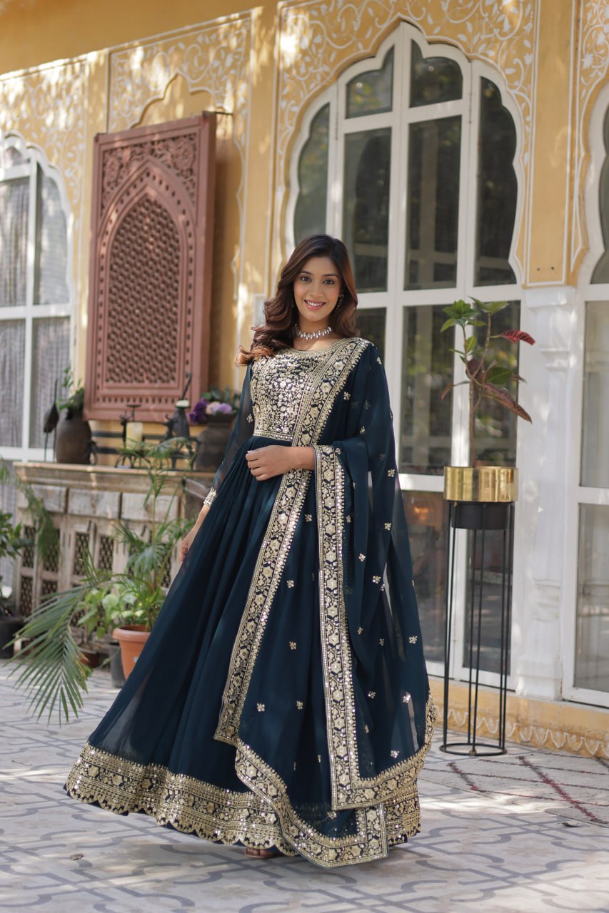 Premium Faux Blooming Bottle Green Gown Set with Zari Sequins Embroidery and Dupatta