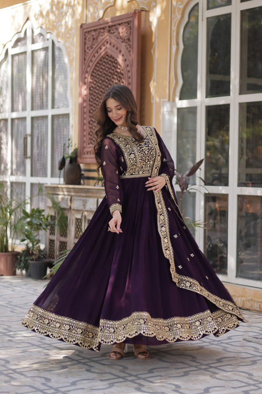 Premium Faux Blooming Purple Gown Set with Zari Sequins Embroidery and Dupatta
