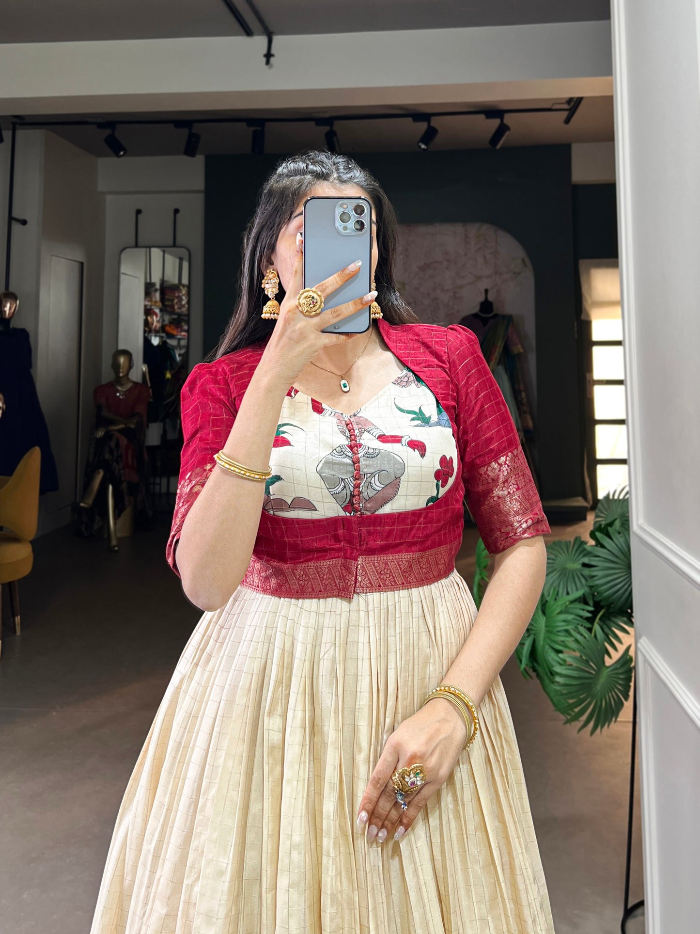 Elegant Dola Silk Kalamkari Print Red Gown with Zari Weaving Koti | Ethnic Wear for Women