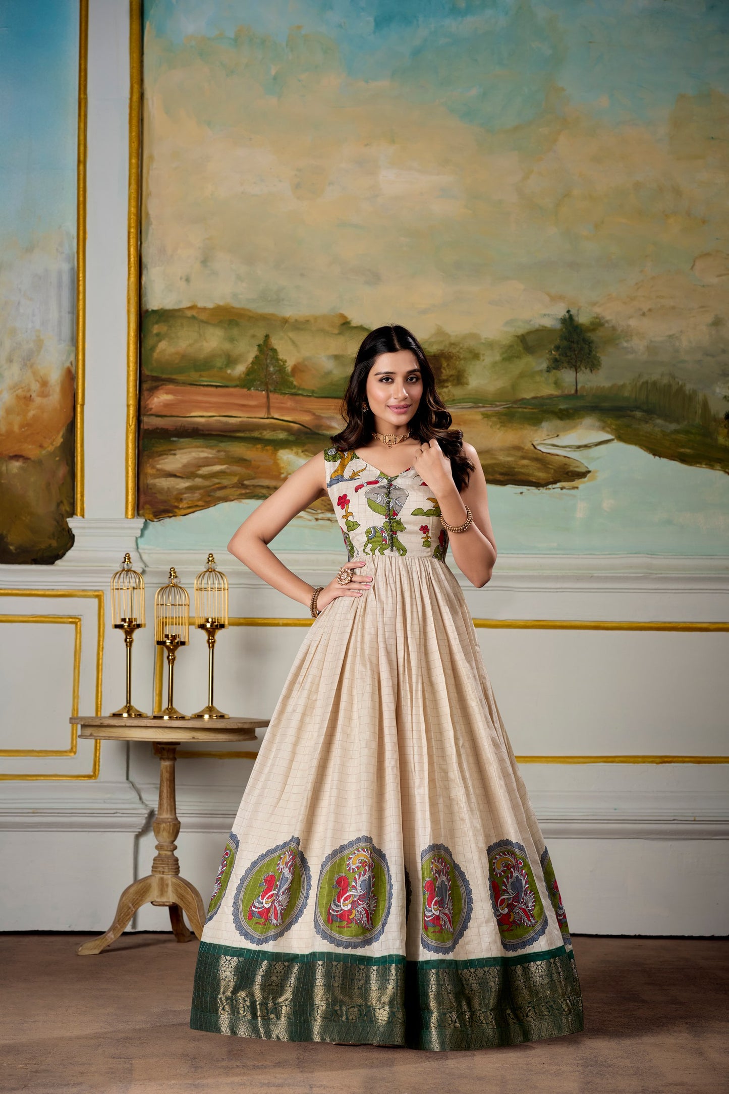 Elegant Dola Silk Kalamkari Print Green Gown with Zari Weaving Koti | Ethnic Wear for Women